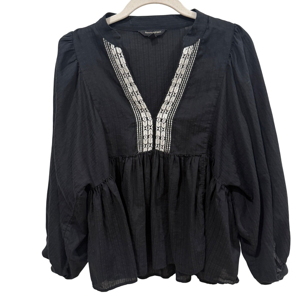 Banana Republic Black Embroidered Flutter Texture Peplum‎ Blouse XS 866264-02